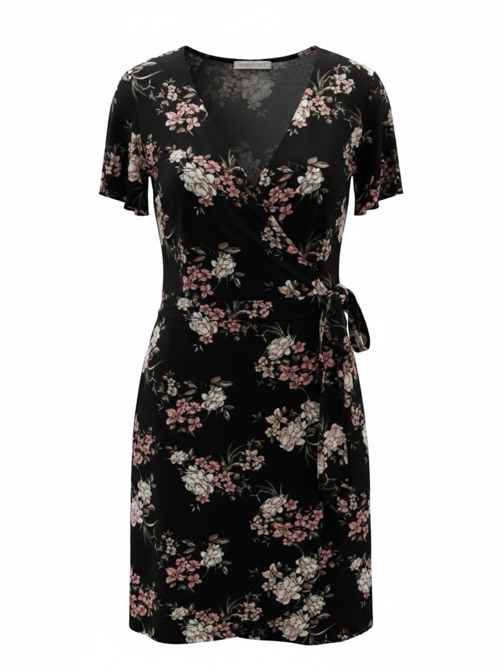RNB Black Pink White Floral Wrap Dress V-Neck Flutter Sleeve Tie Waist 2X.